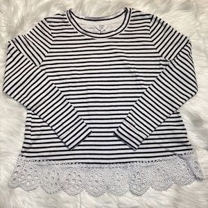Crown & Ivy Women’s Black White Stripes Round Neck With Eyelet Hem